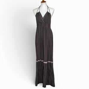 Burning Torch Organic Cotton Maxi Sundress Gray Embroidered Halter Size Small